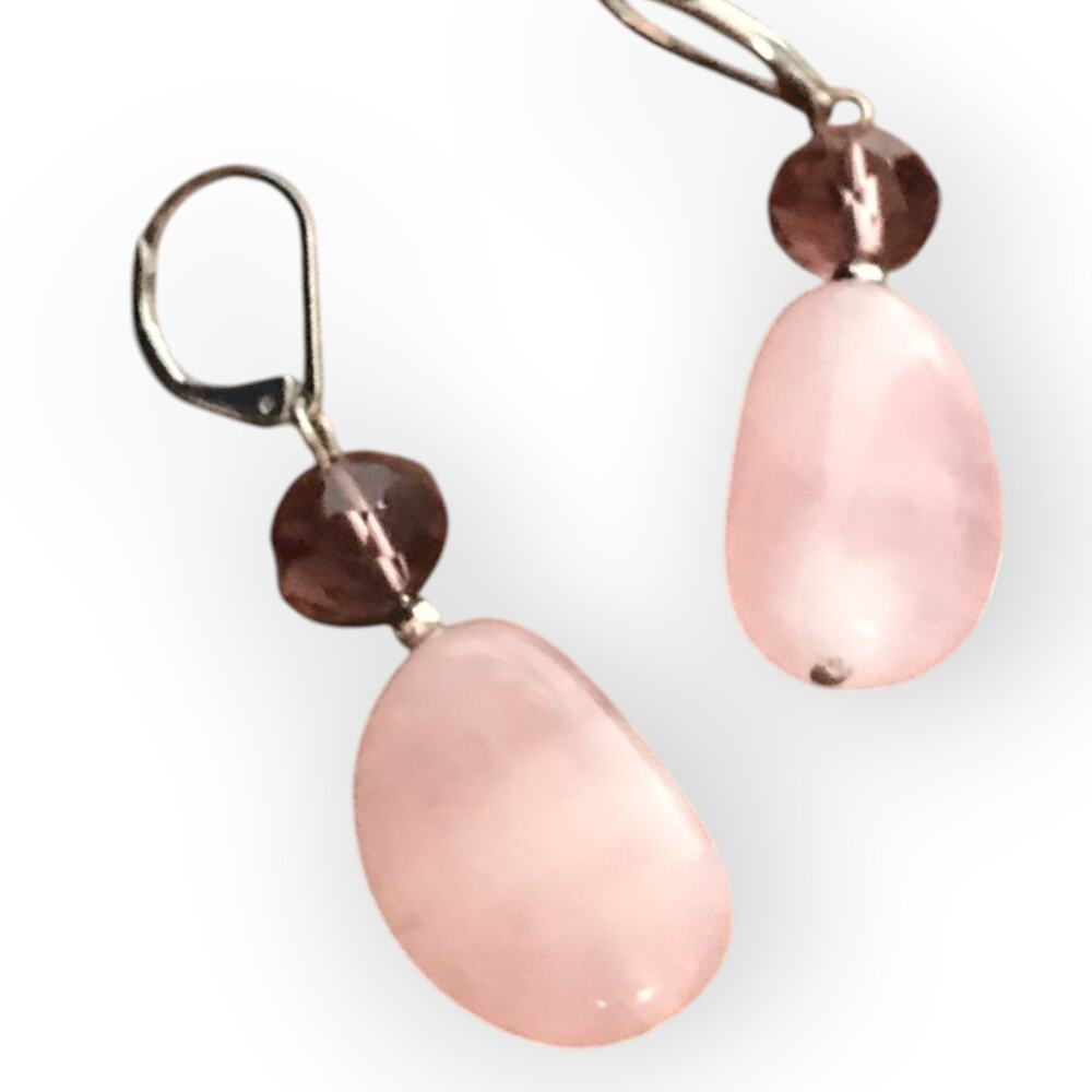 Rose quartz french hook  earrings, purple crystal bead accent